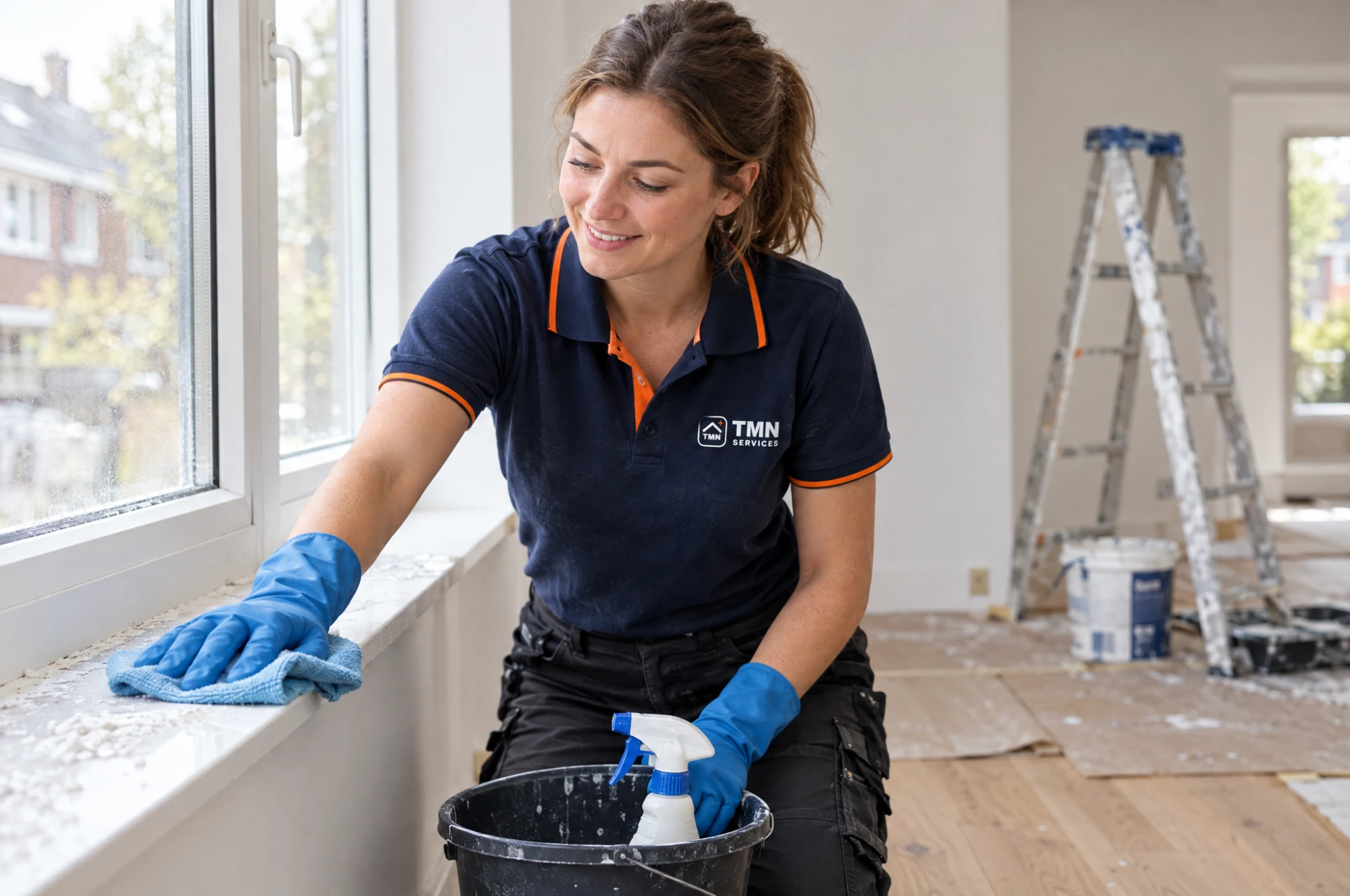 Medewerker van TMN Services maakt een vensterbank schoon in een lege woning